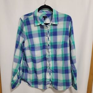 Talbot's Blue/Green Plaid L/S Button-up Shirt with Ruffled Front. Size L